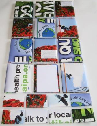 World Smokefree Day posters made into A6 notebooks and business card boxes by recycled.co.nz
